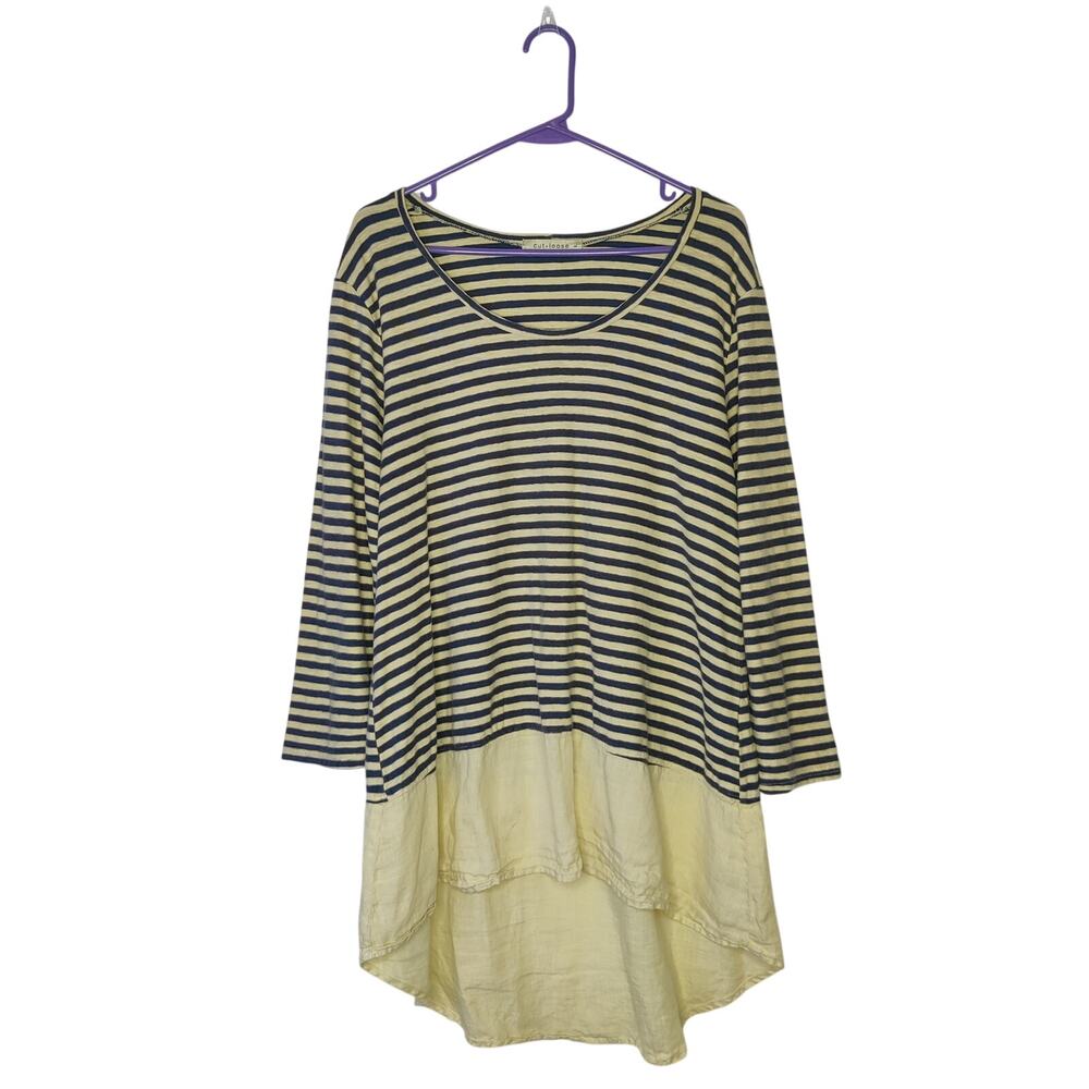 Cut Loose Cotton Linen Yellow Blue Stripe Large Lagenlook Coastal Tunic Top
